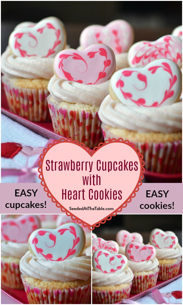 Our favorite recipe for strawberry cupcakes, topped with sugar cookie hearts!  The perfect Valentine's Day dessert.