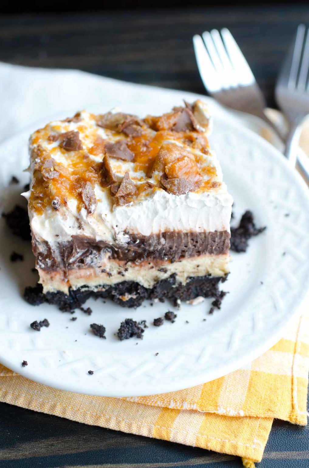 Chocolate Lasagna - Better with peanut butter and crushed Butterfingers!