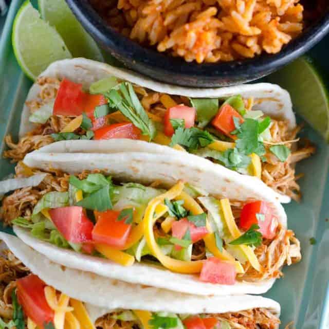 Crockpot Chicken Tacos - Ready in just 1-2-3. Great for Cinco-de-Mayo!