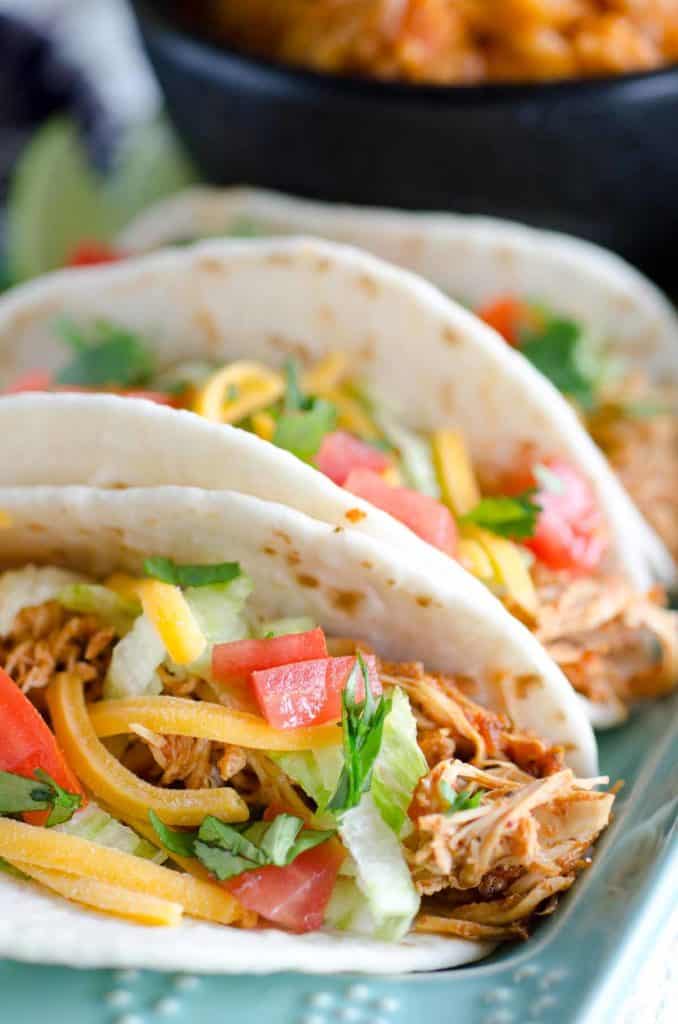 Crockpot Chicken Tacos - Ready in just 1-2-3. Great for Cinco-de-Mayo!