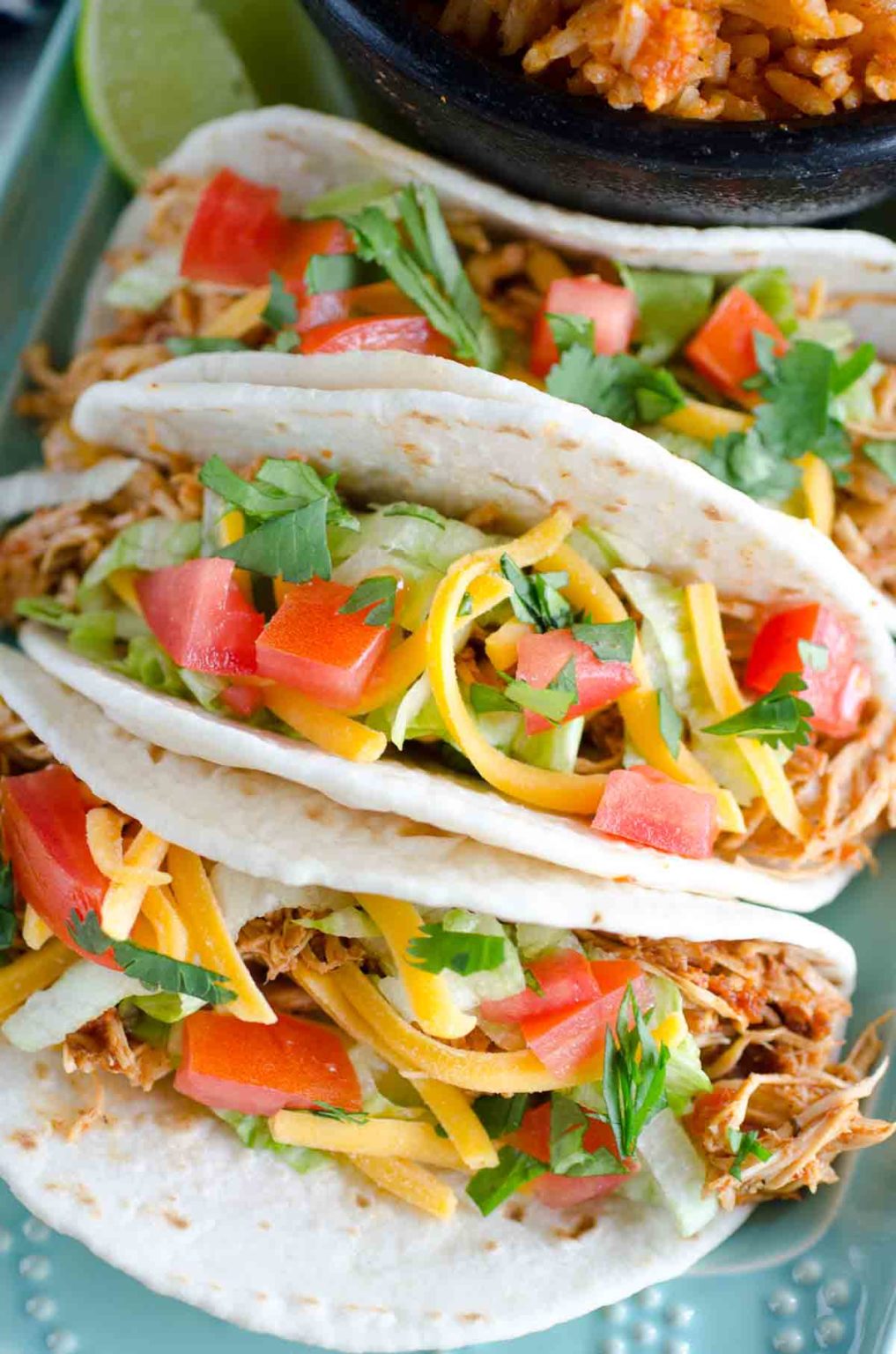 Crockpot Chicken Tacos - Ready in just 1-2-3. Great for Cinco-de-Mayo!