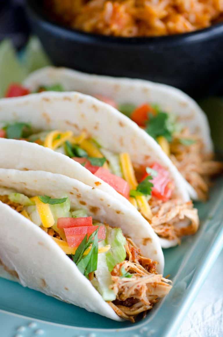 Crockpot Chicken Tacos - Ready in just 1-2-3. Great for Cinco-de-Mayo!