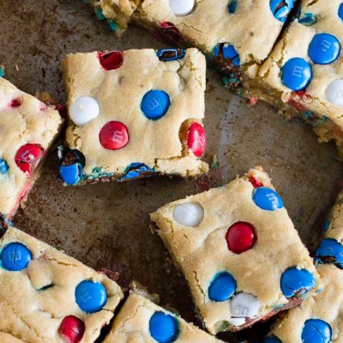 Patriotic Red White & Blue M&M Cookie Bars - Katie's Cucina