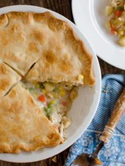 overhead of chicken pot pie with one serving removed