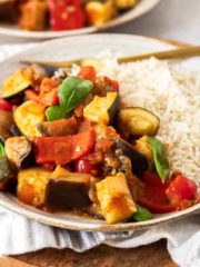 ratatouille stew in a bowl with rice