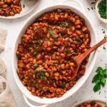 slow cooker bowl of baked beans