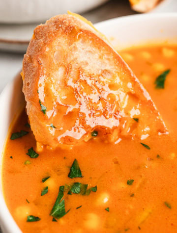 close up of grilled cheese sandwich dipped into a bowl of tomato soup with chickpeas